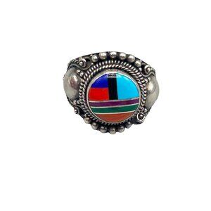Vintage Zuni Sterling Silver Inlay Ring Signed Size 6.5 Native American Ring